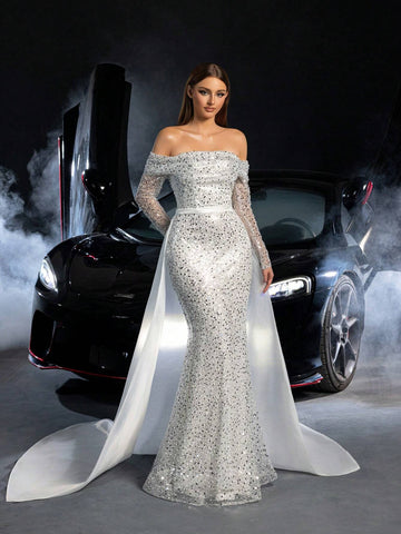 Off Shoulder Mermaid Hem Sequin Wedding Dress With Organza Train