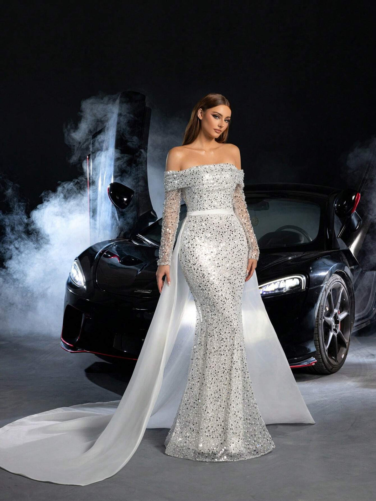 Off Shoulder Mermaid Hem Sequin Wedding Dress With Organza Train