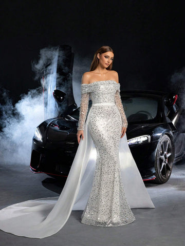 Off Shoulder Mermaid Hem Sequin Wedding Dress With Organza Train