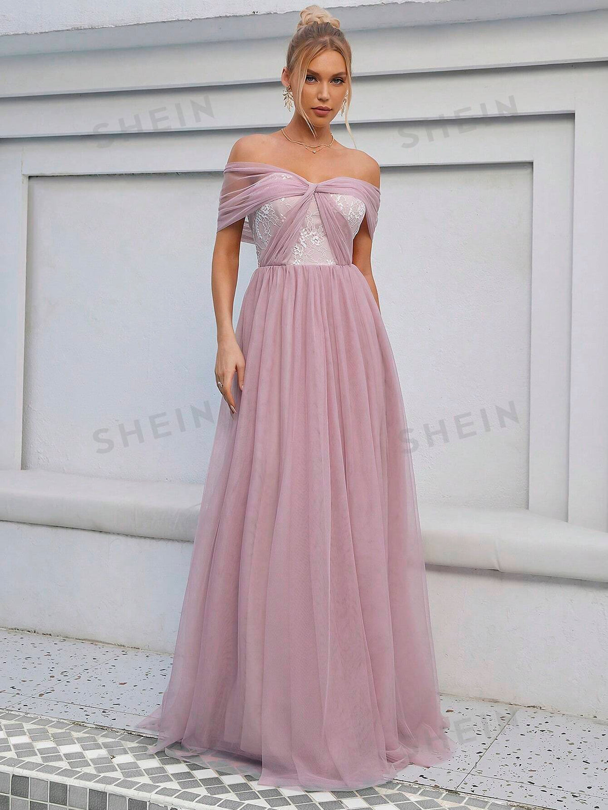 Off Shoulder Mesh Formal Dress
