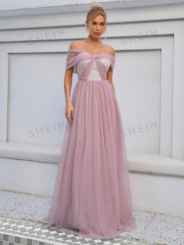 Off Shoulder Mesh Formal Dress