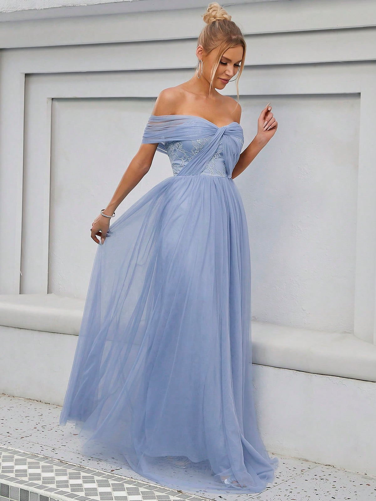 Off Shoulder Mesh Formal Dress