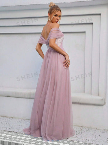 Off Shoulder Mesh Formal Dress