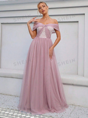 Off Shoulder Mesh Formal Dress
