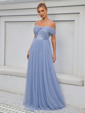 Off Shoulder Mesh Formal Dress