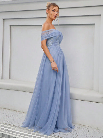 Off Shoulder Mesh Formal Dress