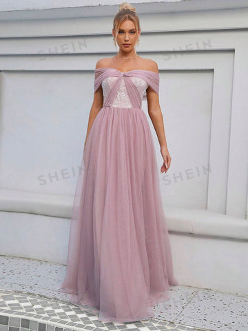 Off Shoulder Mesh Formal Dress