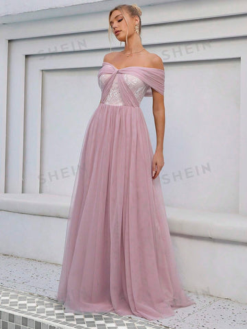 Off Shoulder Mesh Formal Dress