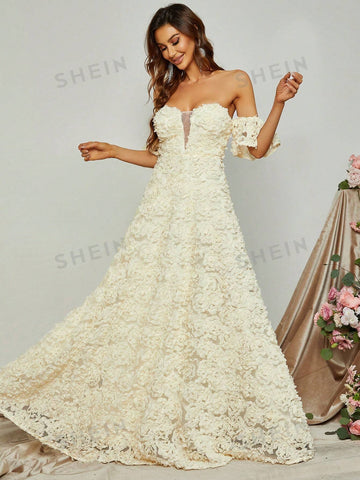 Off Shoulder Mesh Insert Appliques Formal Dress