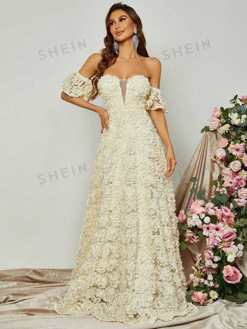 Off Shoulder Mesh Insert Appliques Formal Dress