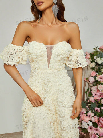 Off Shoulder Mesh Insert Appliques Formal Dress