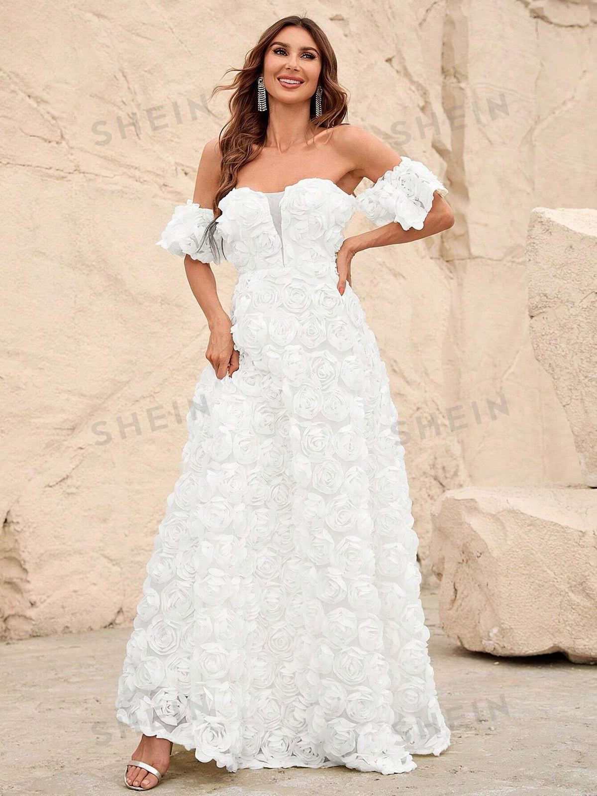 Off Shoulder Mesh Insert Decor Floral Wedding Dress
