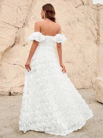 Off Shoulder Mesh Insert Decor Floral Wedding Dress
