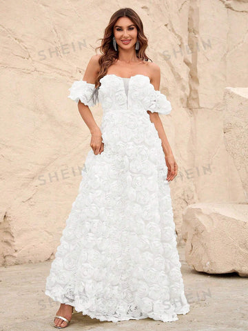 Off Shoulder Mesh Insert Decor Floral Wedding Dress