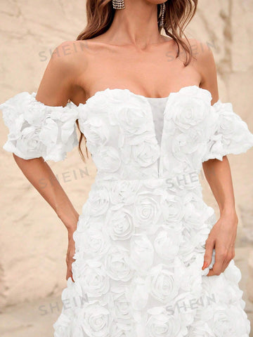 Off Shoulder Mesh Insert Decor Floral Wedding Dress