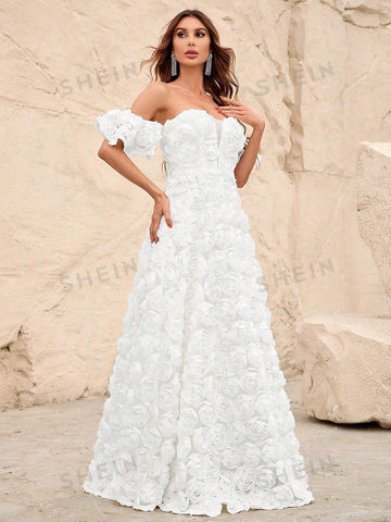 Off Shoulder Mesh Insert Decor Floral Wedding Dress