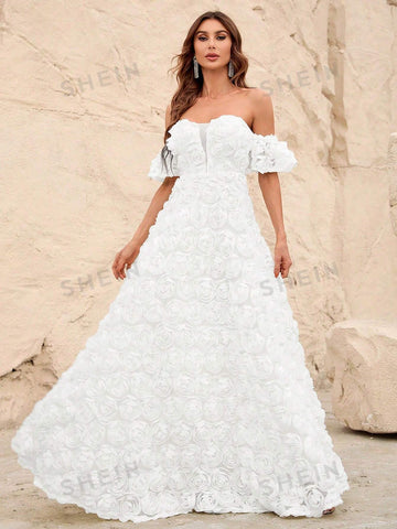 Off Shoulder Mesh Insert Decor Floral Wedding Dress