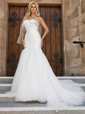 Off Shoulder Mesh Mermaid Hem Wedding Dress