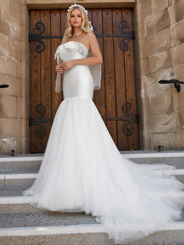 Off Shoulder Mesh Mermaid Hem Wedding Dress