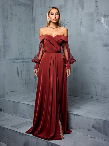 Off Shoulder Mesh Splice Bandage Satin Maxi Bridesmaid Dress With Side Slit