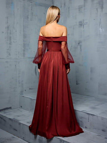 Off Shoulder Mesh Splice Bandage Satin Maxi Bridesmaid Dress With Side Slit