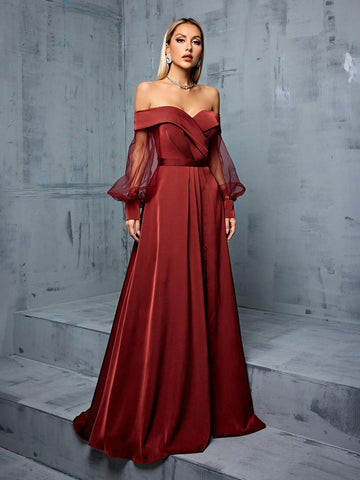 Off Shoulder Mesh Splice Bandage Satin Maxi Bridesmaid Dress With Side Slit