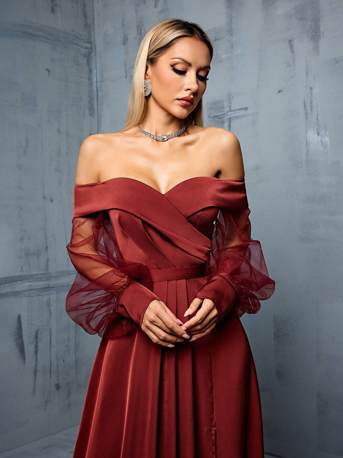 Off Shoulder Mesh Splice Bandage Satin Maxi Bridesmaid Dress With Side Slit