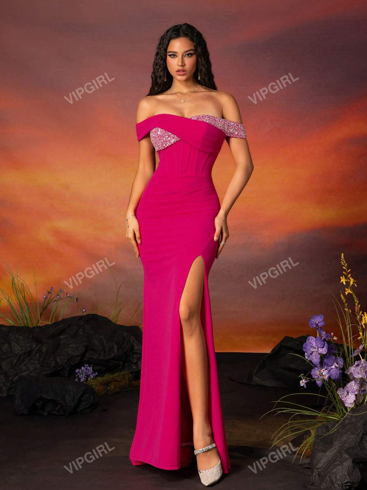 Off Shoulder Pearl Beaded Pleated Slit Bridesmaid Dress