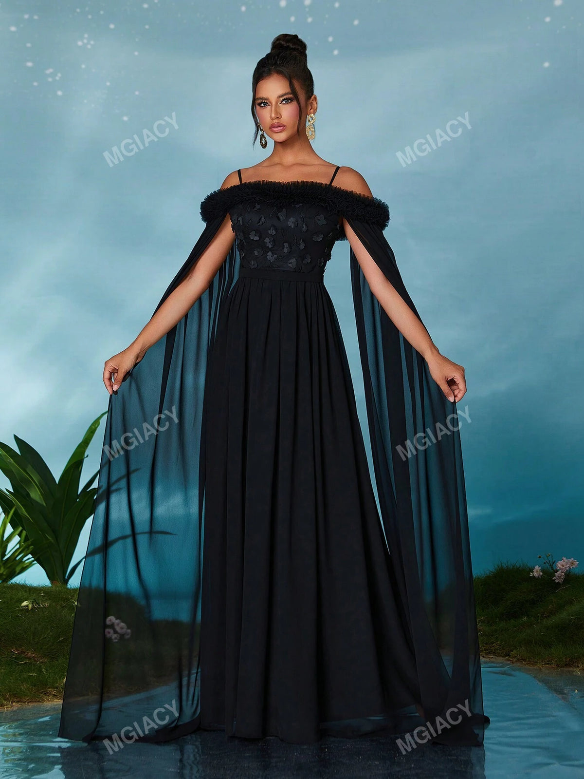 Off Shoulder Pearl Embroidered Lace Chiffon Flare Sleeve Luxury Evening Dress