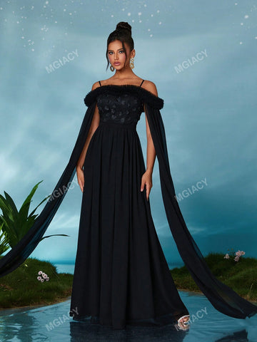 Off Shoulder Pearl Embroidered Lace Chiffon Flare Sleeve Luxury Evening Dress
