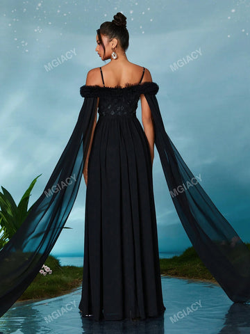 Off Shoulder Pearl Embroidered Lace Chiffon Flare Sleeve Luxury Evening Dress