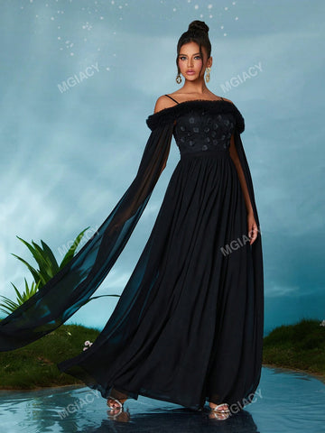 Off Shoulder Pearl Embroidered Lace Chiffon Flare Sleeve Luxury Evening Dress