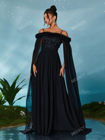Off Shoulder Pearl Embroidered Lace Chiffon Flare Sleeve Luxury Evening Dress