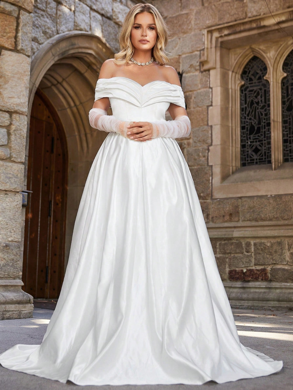 Off Shoulder Pleated Floor Length Satin Wedding Dress