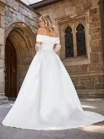 Off Shoulder Pleated Floor Length Satin Wedding Dress
