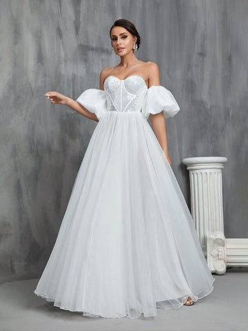 Off Shoulder Puff Sleeve Bustier Sequin Wedding Prom Party Dress