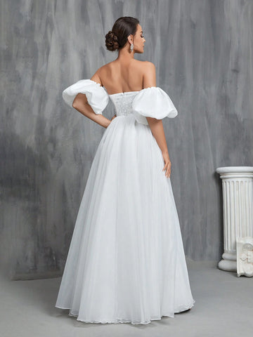 Off Shoulder Puff Sleeve Bustier Sequin Wedding Prom Party Dress