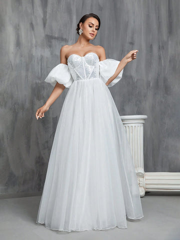 Off Shoulder Puff Sleeve Bustier Sequin Wedding Prom Party Dress