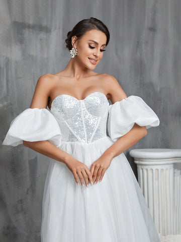 Off Shoulder Puff Sleeve Bustier Sequin Wedding Prom Party Dress