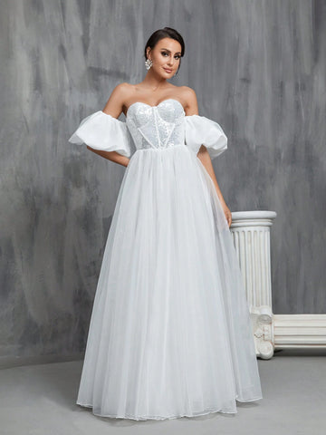 Off Shoulder Puff Sleeve Bustier Sequin Wedding Prom Party Dress
