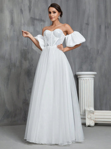 Off Shoulder Puff Sleeve Bustier Sequin Wedding Prom Party Dress