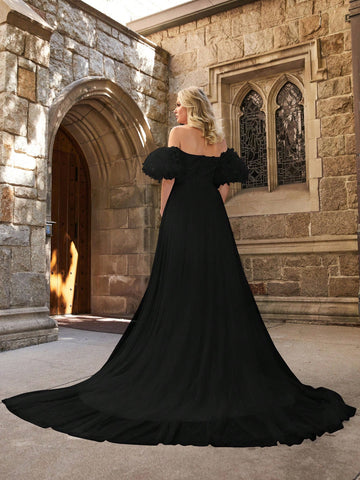 Off Shoulder Puff Sleeve Floor Length Wedding Dress