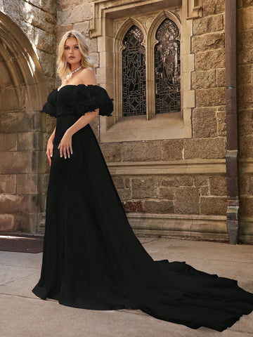 Off Shoulder Puff Sleeve Floor Length Wedding Dress