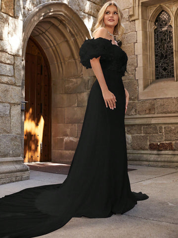 Off Shoulder Puff Sleeve Floor Length Wedding Dress