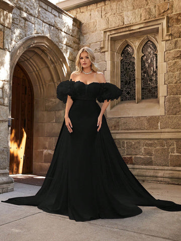 Off Shoulder Puff Sleeve Floor Length Wedding Dress