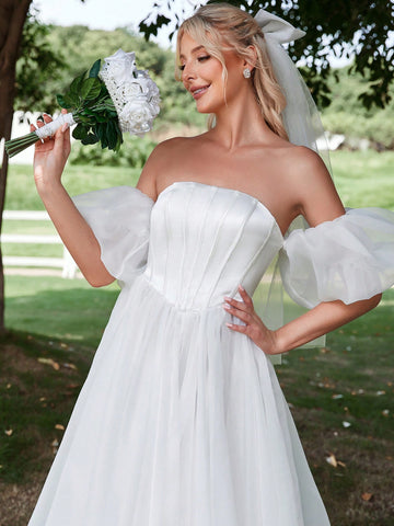 Off Shoulder Puff Sleeve Organza Wedding Dress