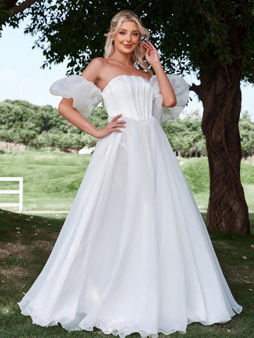 Off Shoulder Puff Sleeve Organza Wedding Dress