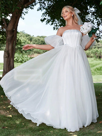 Off Shoulder Puff Sleeve Organza Wedding Dress