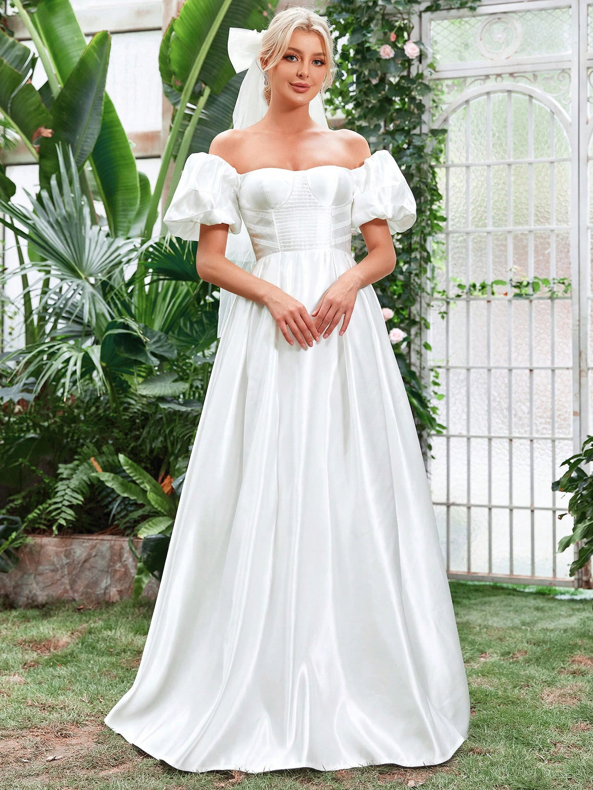 Off Shoulder Puff Sleeve Satin Wedding Dress Without Veil