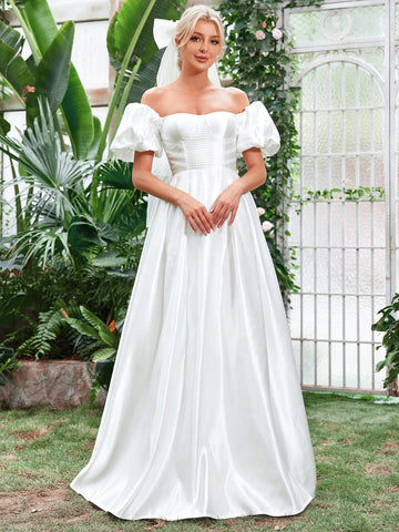 Off Shoulder Puff Sleeve Satin Wedding Dress Without Veil